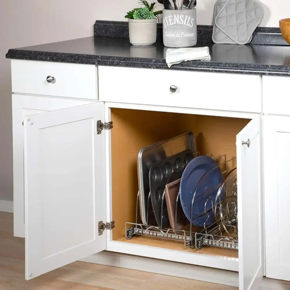 Pull Out Bakeware Organizer for Cutting Boards & Trays, Adjustable Cabinet Rack